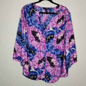 NYDJ Floral Half Button Blouse Women's Plus Size 1X